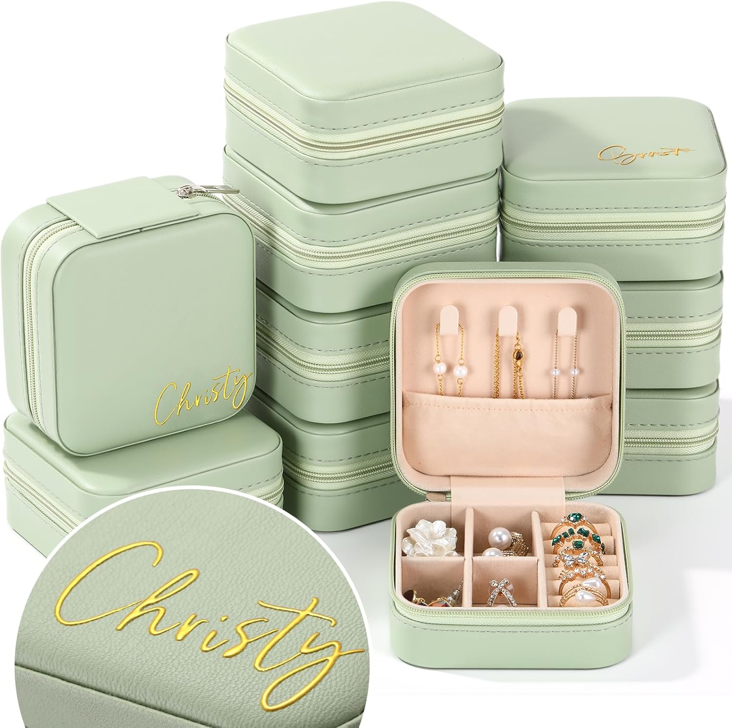 Quelay 10 Pack Bridesmaid Proposal Gifts Small Jewelry Box with 3 Pcs Name Transfer Stickers, Portable Earring Organizer Jewelry Box for Bachelorette Women Bridesmaids Wedding Gifts(Green)