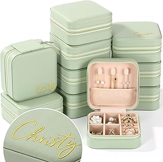 Quelay 10 Pack Bridesmaid Proposal Gifts Small Jewelry Box with 3 Pcs Name Stickers, Portable Earring Organizer Jewelry Box Party Favors for Bachelorette Women Bridesmaids Wedding Gifts(Green)