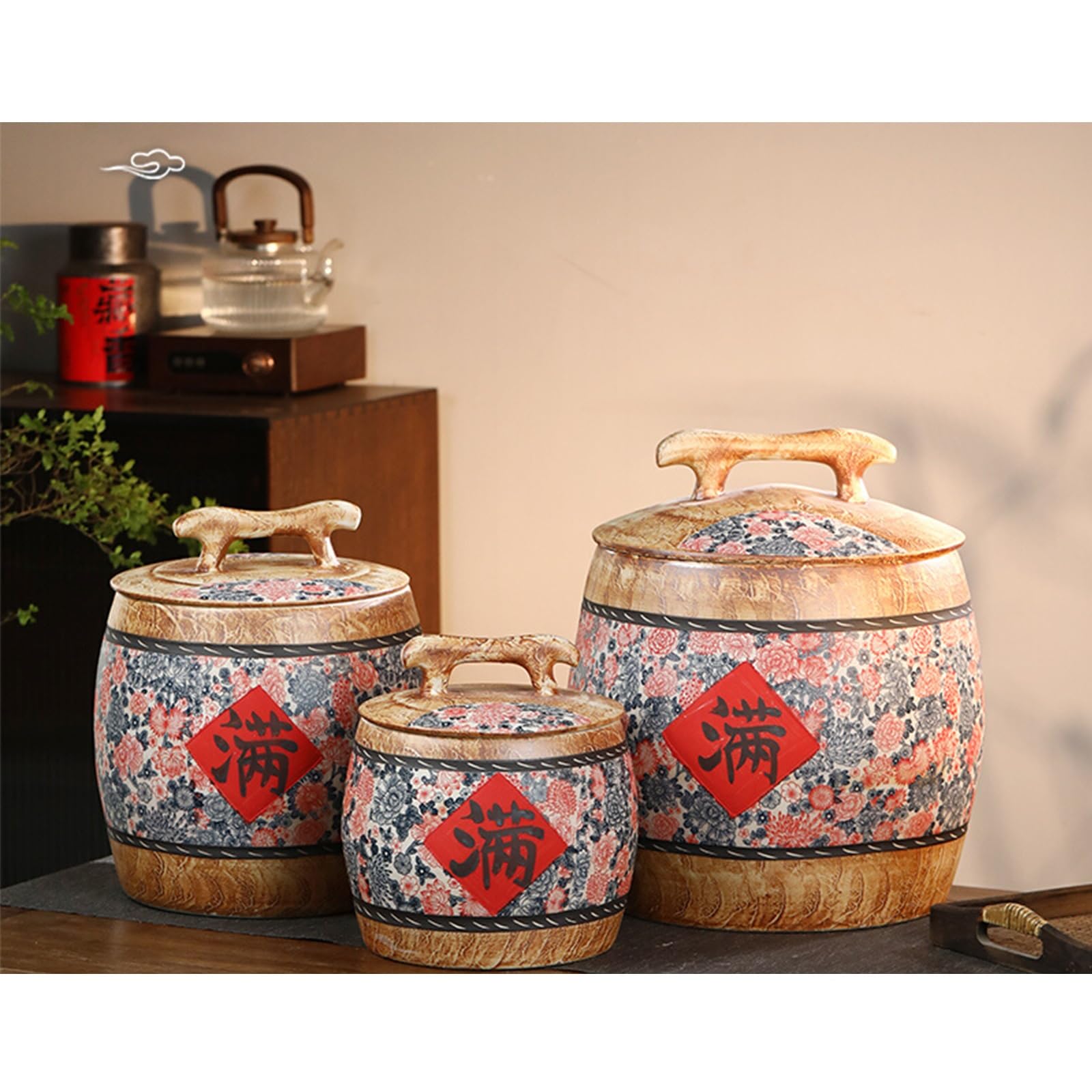 Contenitore In Ceramica Per Riso, Cilindro In Ceramica Per Riso Con Coperchio, Vasi Di Conservazione Alimentare In Stile Cinese, Distributori Di Cibo Classici, Secchio In Ceramica Per Riso(B,25KG)
