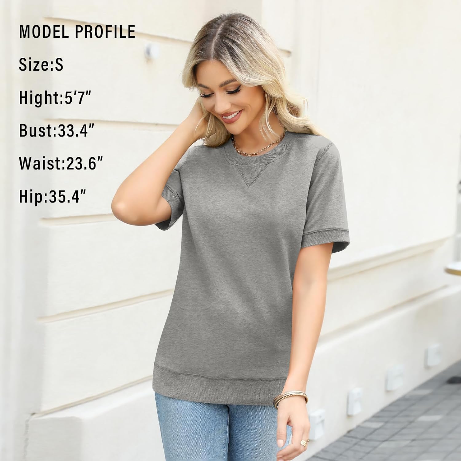 Elesomo Womens Sweatshirts Short Sleeve Cotton Casual Pullover Sweat Shirt Fall Outfits - Image 3