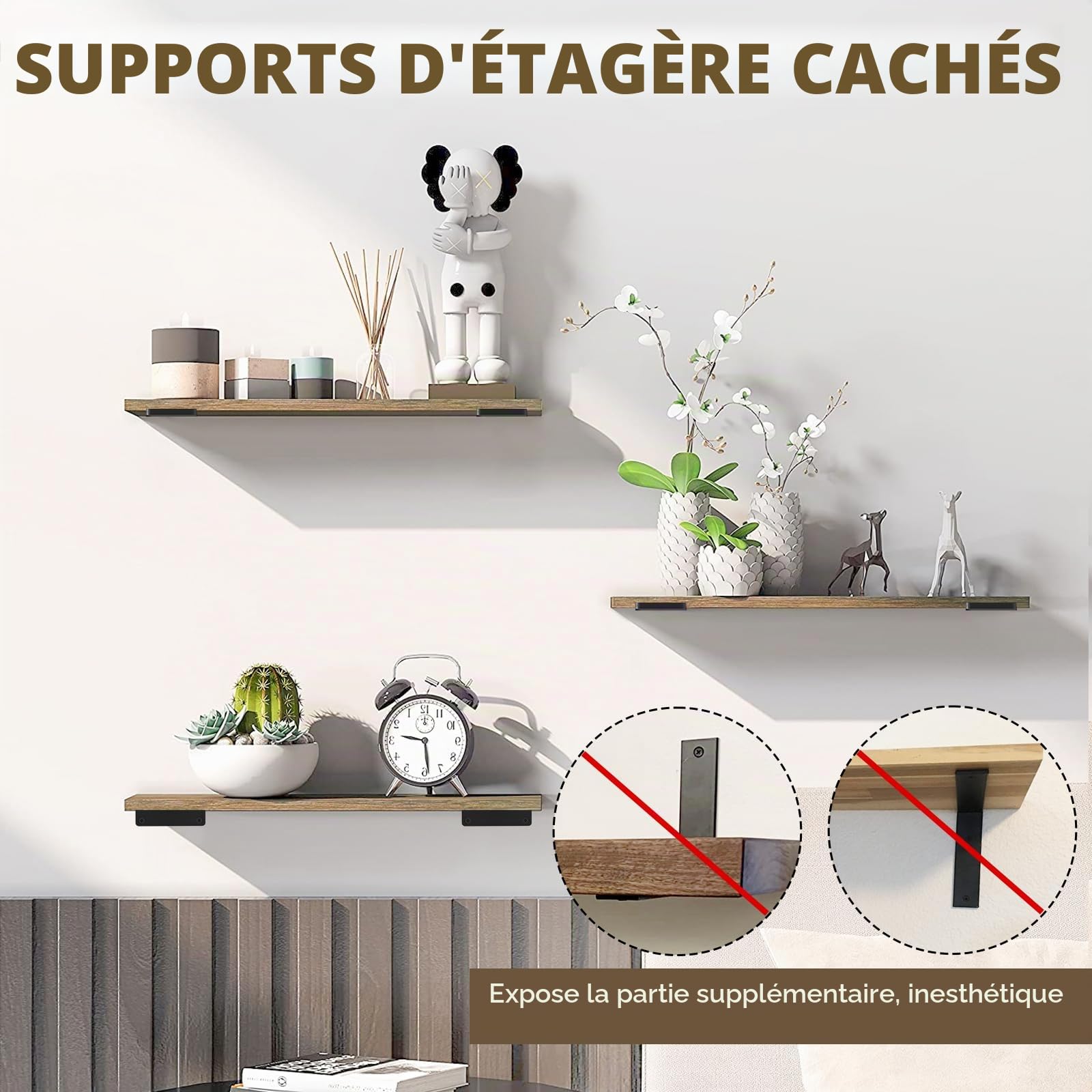 Lot de 6 supports d'étagère robustes rustiques flottants pour étagères murales, supports d'étagère industriels noirs (15,2 cm - 6 pièces)