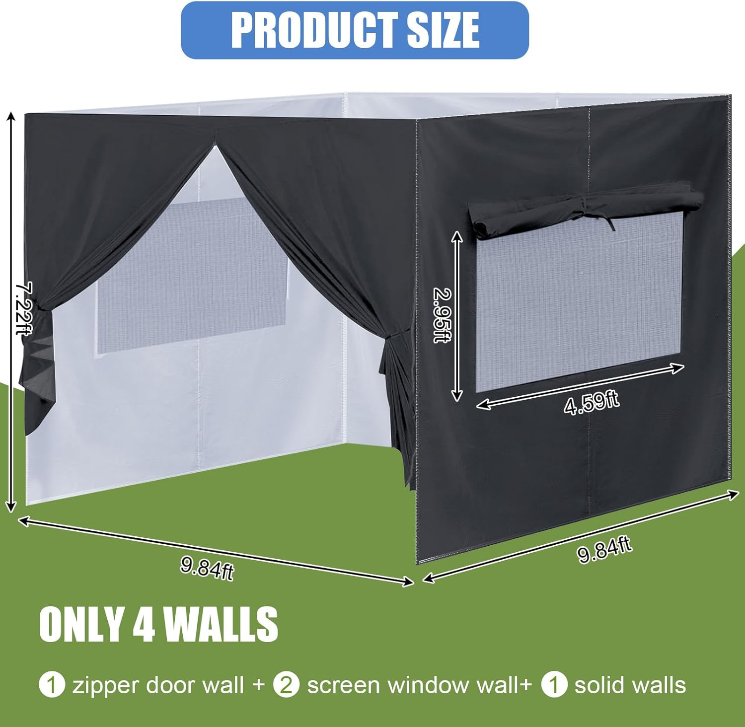4Pcs Canopy Sidewall for 10x10 Canopy Frame Enclosure Wall with Mesh Window Replacement Side Wall for 10x10 Pop up Tent Outdoor Party, No Frame or Top(Black)