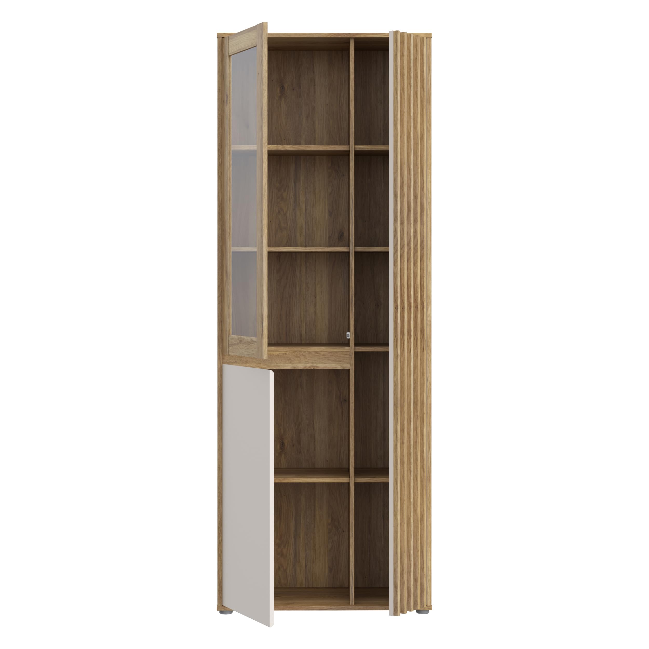 Forte ELISTON Vitrine 70 80, moderner Schrank mit Lamellendesign, 3-türig, Wohn-/Schlafzimmer, Mauvella Eiche Holzdekor|Kashmir Beige, 74 cm breit x 200,1 cm hoch x 41,5 cm tief
