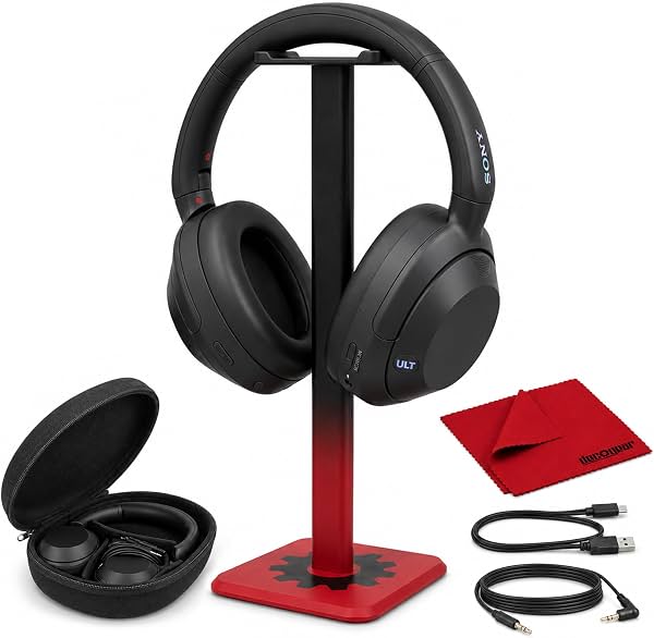 Sony ULT WEAR Audífonos inalámbricos con cancelación de ruido y Alexa integrada, diseño cómodo con graves potentes, negro WHULT900N/B, paquete con soporte para audífonos Pro Audio y paño de microfibra