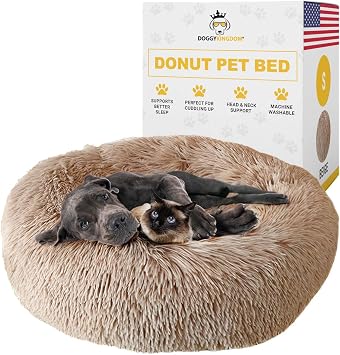 Doggykingdom Calming Round Donut Dog Bed Pillow, Washable, Anti Anxiety, Anti-Slip, Cozy Soft Cuddler Comfort Bed with Fluffy Plush Faux Fur for Large Medium Small Sized Dog - Beige, S 28 inch