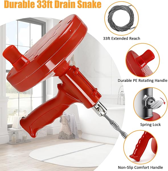 Drain Snake Auger 33FT, 8 PCS Plumbing Snake Kit for Easy at Home Beginner Friendly Drain Clog Remover, Flexible Sink & Toilet Auger, Reusable Drain Cleaner with Splash-Proof Gloves - 3