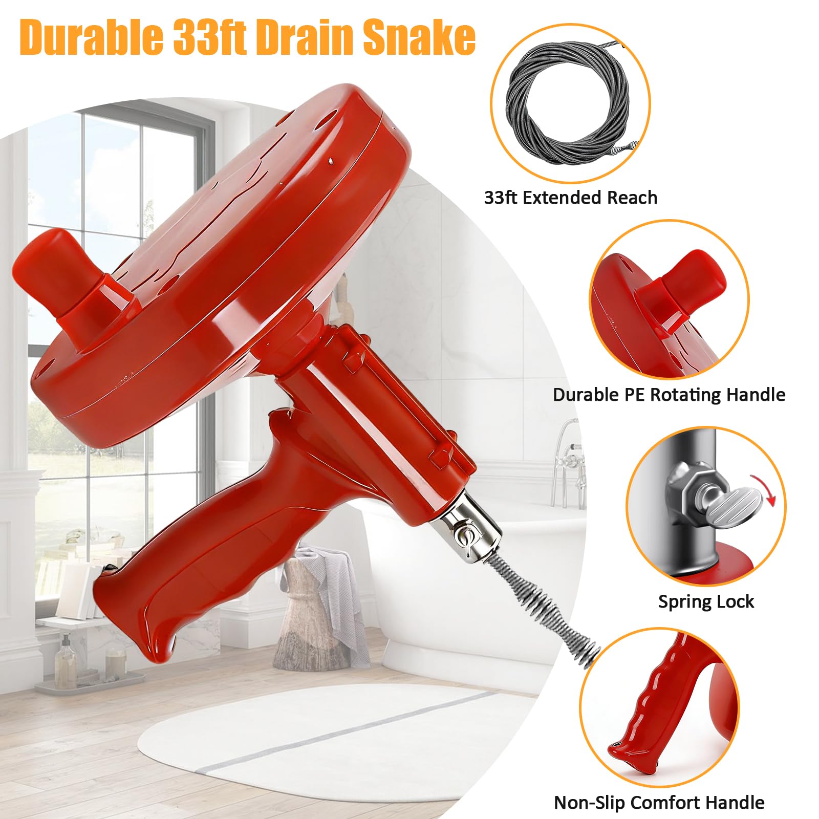 Drain Snake Auger 33FT, 8 PCS Plumbing Snake Kit for Easy at Home Beginner Friendly Drain Clog Remover, Flexible Sink & Toilet Auger, Reusable Drain Cleaner with Splash-Proof Gloves - 4