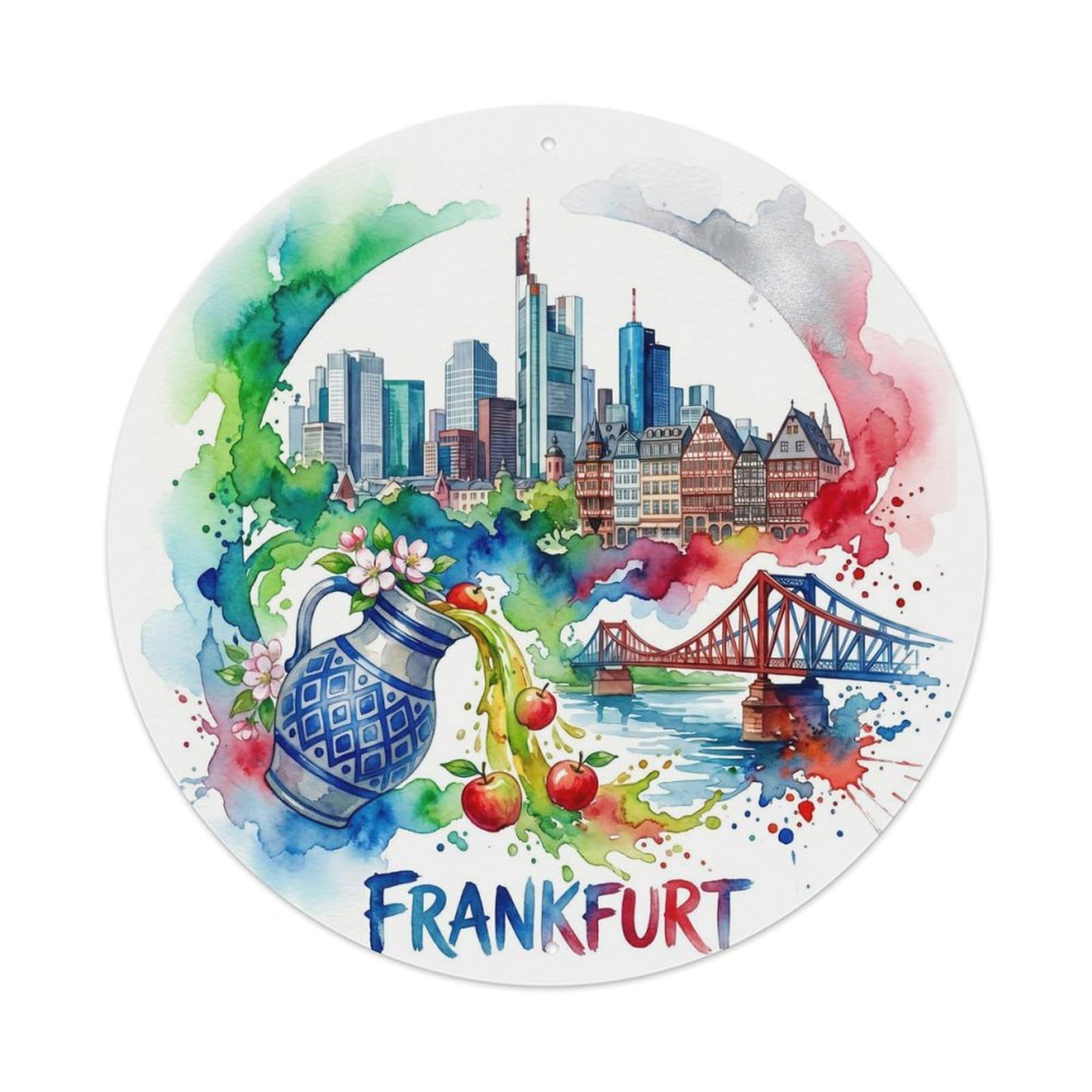 Frankfurt Apfelwein Watercolor Germany City Map Culture Metal Tin Sign Plaque Wall Decor for Cafe, Man Cave, Club Bar, Office, Home Garden Round Metal Poster 8x8Inch