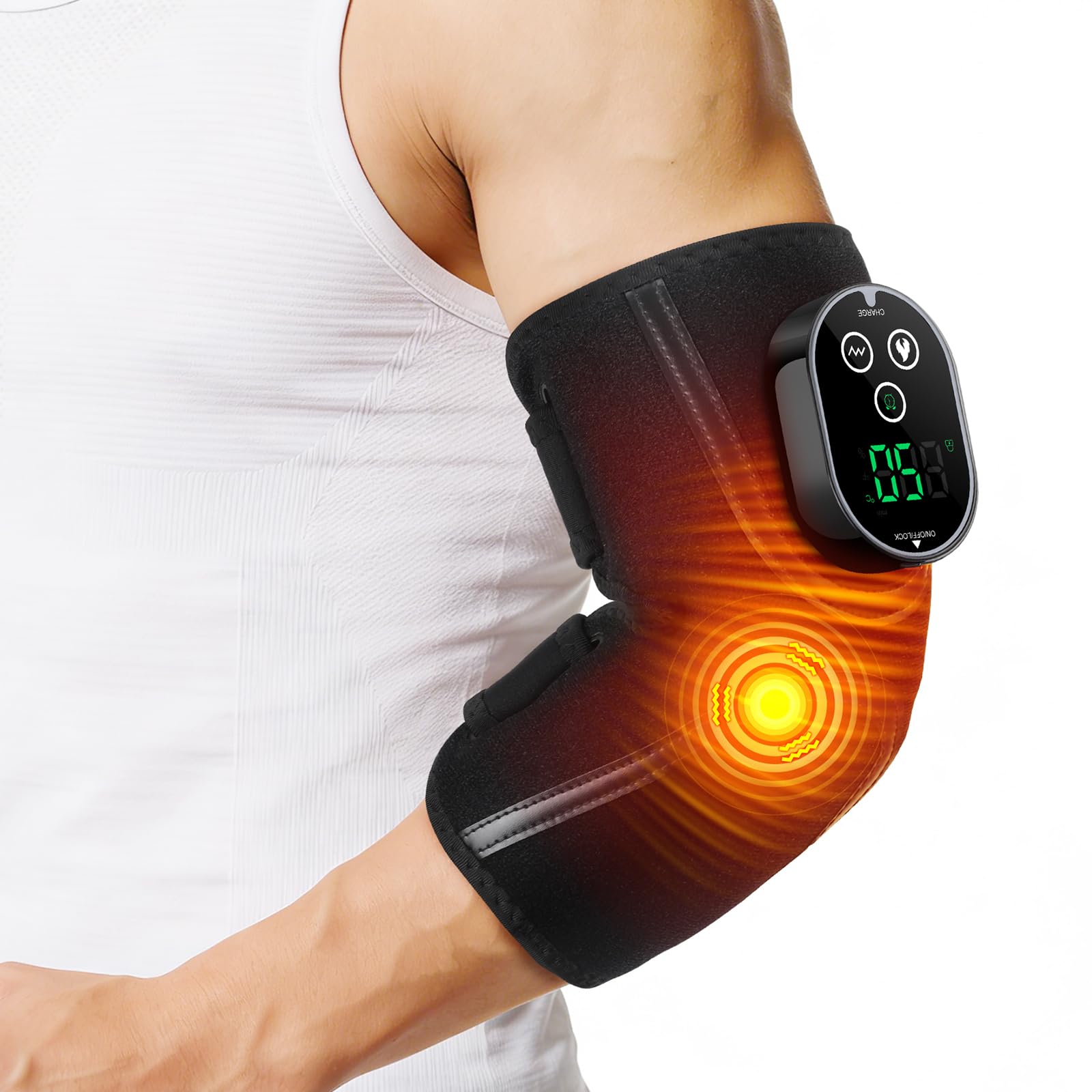 Coussin Chauffant Pour Coude Sans Fil Avec Vibrations, Coudière Chauffante Avec Écran Tactile, 5 Niveaux Chaleur, 3 Modes Vibration, 3 Réglages Durée, Batterie 3000mAh, Pour Coude Gauche ou Droit