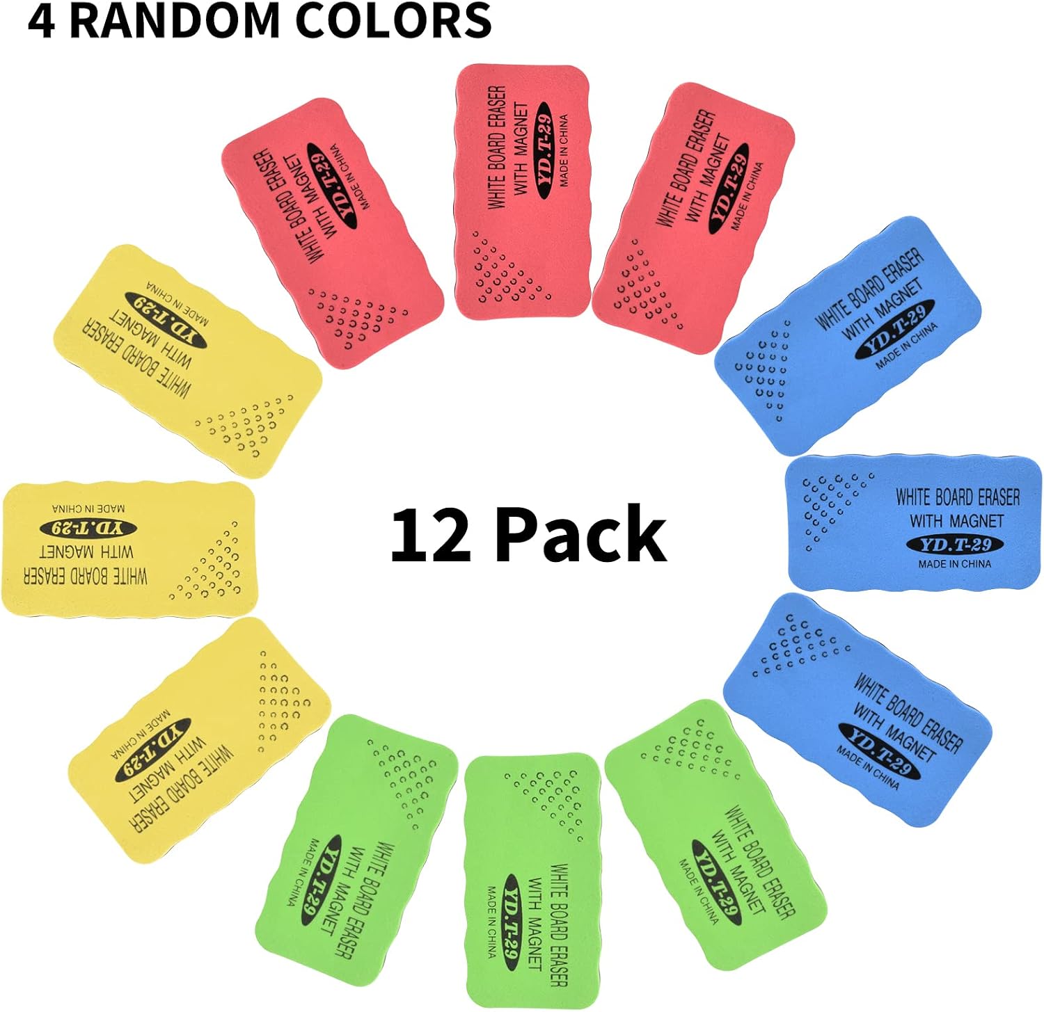 SAYEEC 12 Pack Dry Erase Erasers, Magnetic Whiteboard Dry Eraser Chalkboard Cleansers Wiper for Kids Teachers School Classroom Home and Office Supplies (4 Random Colors, Blue, Green, Red, Yellow)