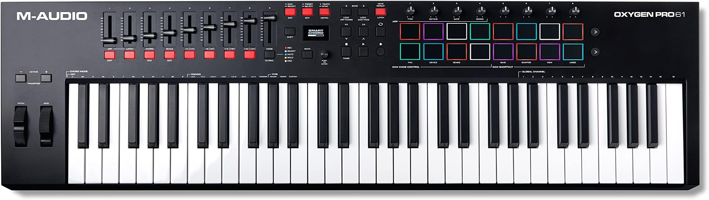 M-Audio USB MIDI Keyboard Controller 61 keys Velocity-sensitive Pads Native Instruments Sound Package Included (NKS Integrated) MIDI Assignable Knobs, Buttons, and Faders Included Comes with Abundant