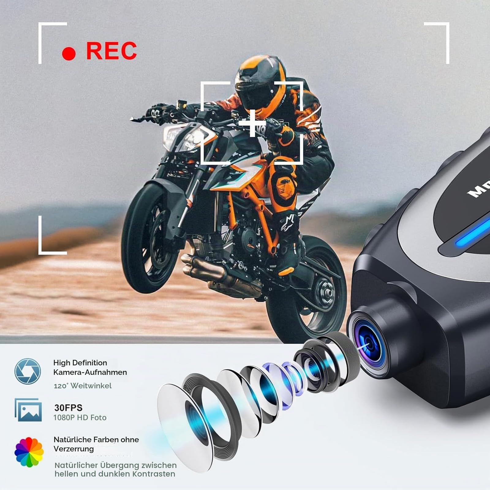 OBEST Motorradhelm Headset mit 1080P Kamera, Motorrad Bluetooth Intercom, wasserdichte Motorrad Dashcam Recorder, Helm Kabellose Kopfhörer HiFi-Stereosound für Reiten Skifahren Reisen