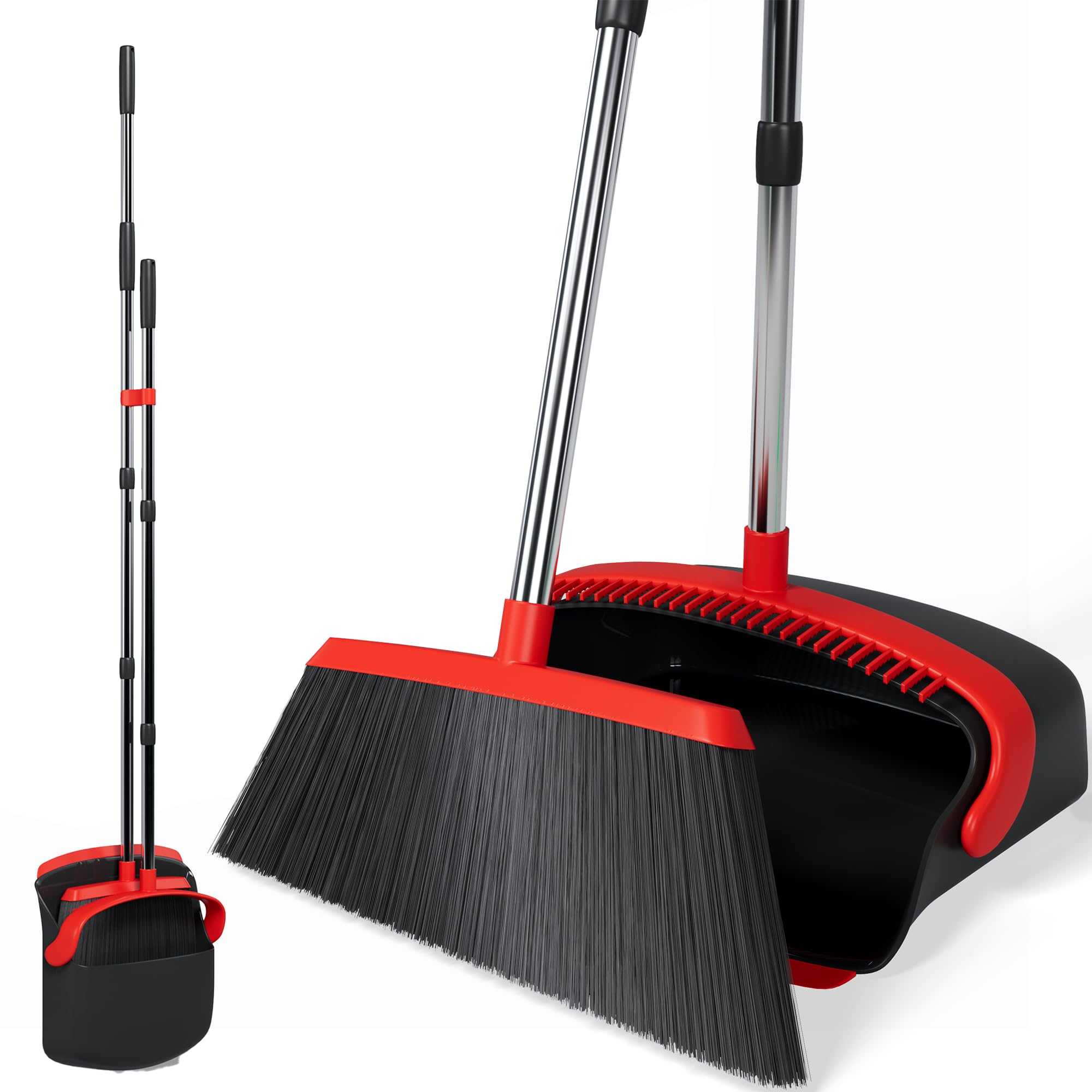 – REXO - 55" Adjustable Long Handled Dustpan And Brush Set. Ergonomic Tall Standing Dustpan Brush Set With Long Handle, Lobby Broom For Everyday Sweeping (Red, Black)
