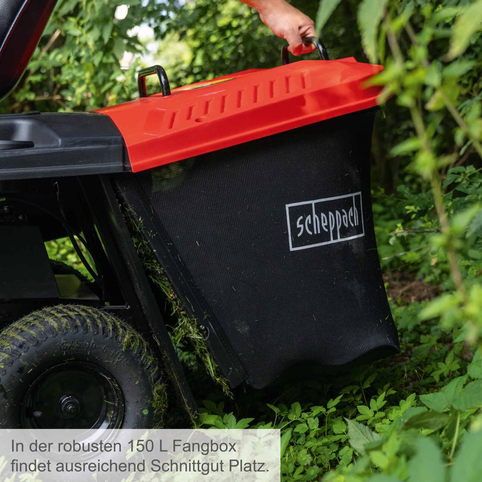 Scheppach Benzin Rasentraktor Aufsitzmäher MR225-61 | 6PS | E-Start | Schnittbreite 61cm | Schnitthöhe 35-75mm | 150L Fangbox | 4xVor- / 1xRückwärtsgang | Rasenmäher Aufsitzrasenmäher