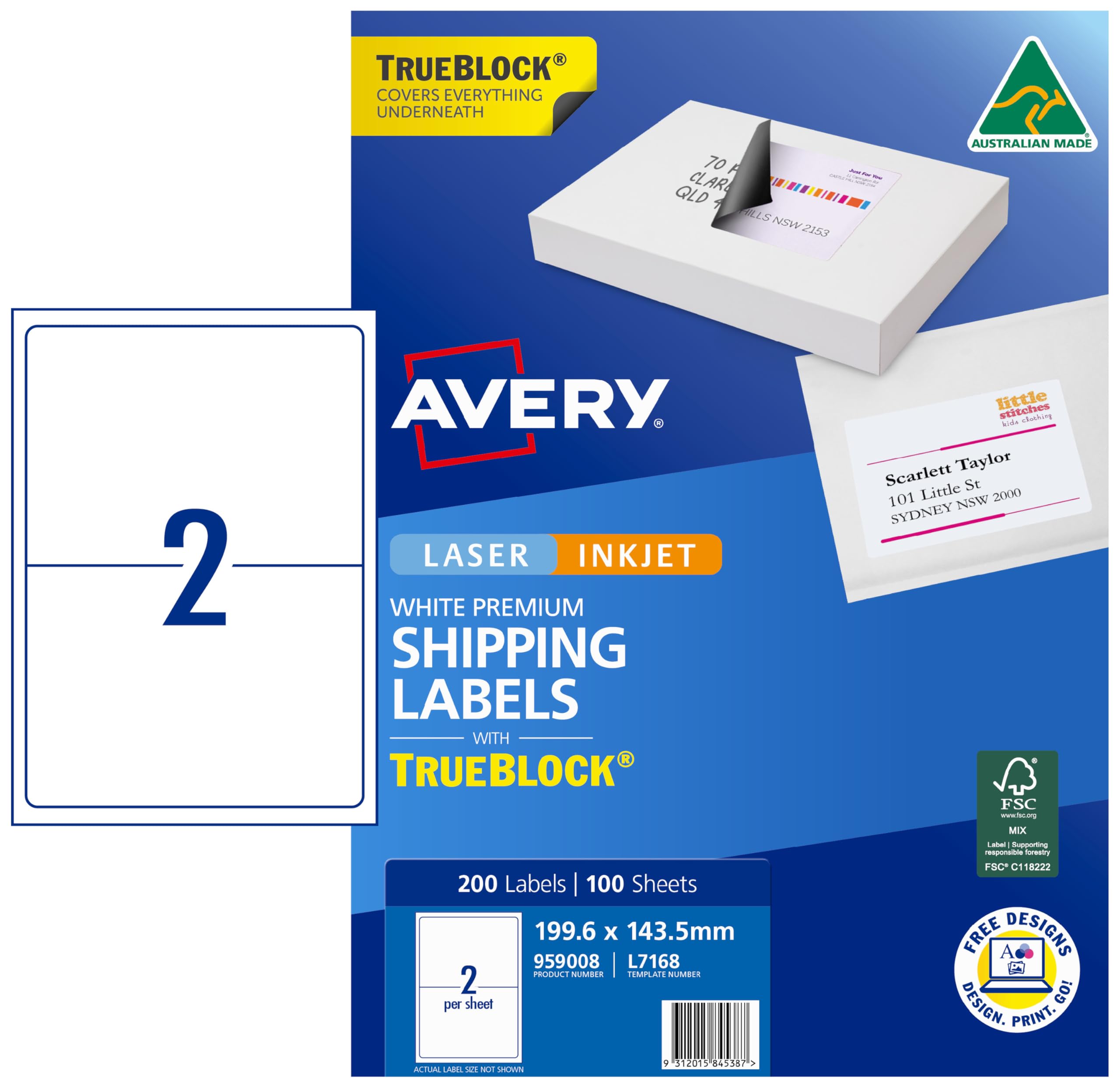 Avery - Etichette di spedizione con Trueblock® per stampanti laser, 199,6 x 143,5 mm, 200 etichette (959008 / L7168)