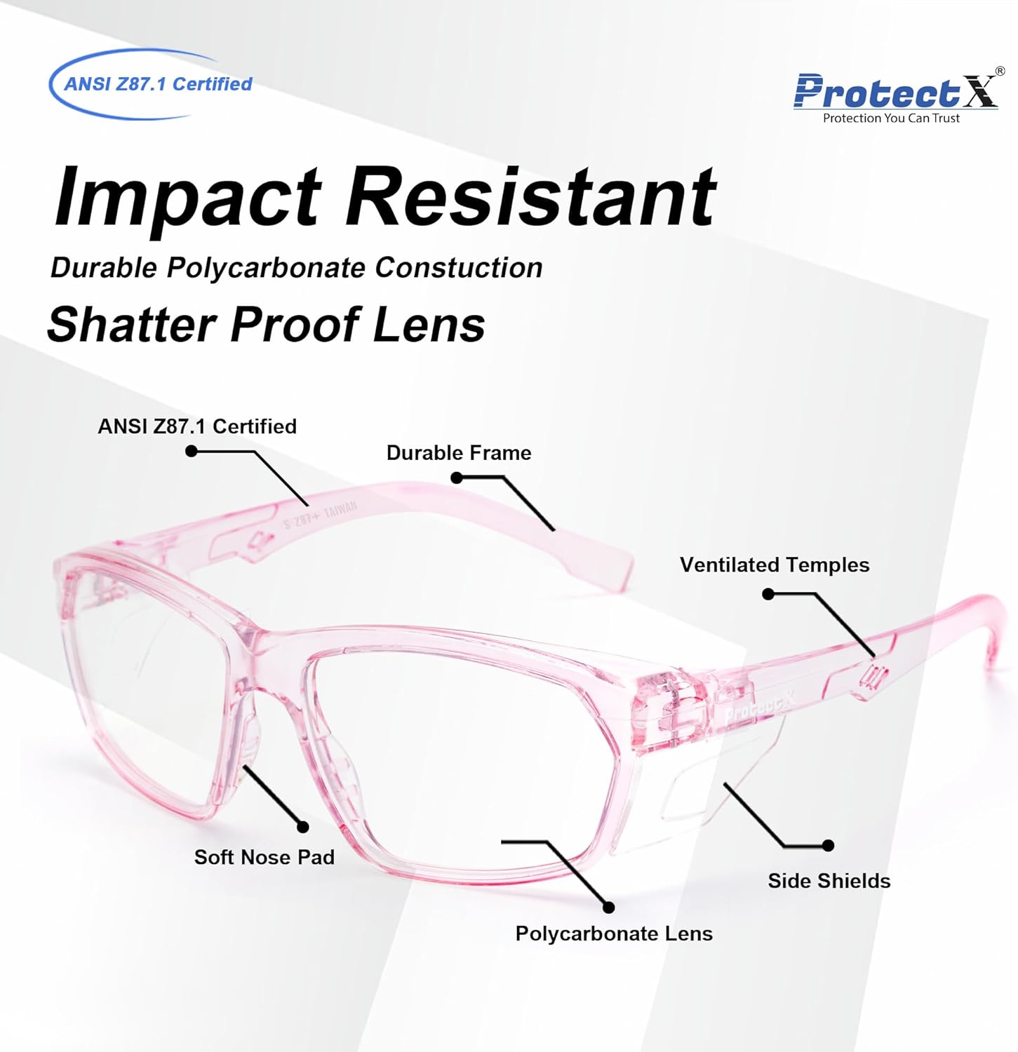 ProtectX Stylish Anti-Fog & Scratch-Resistant Safety Glasses, UV Protection Goggles, Anti-Impact Lightweight Glasses for Men＆Women Pink Clear - Image 3