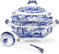 Spode Blue Italian 3-Quart Soup Tureen & Ladle Set - Fine Porcelain Covered Dish, Dishwasher/Microwave Safe, Timeless Blue/White Design
