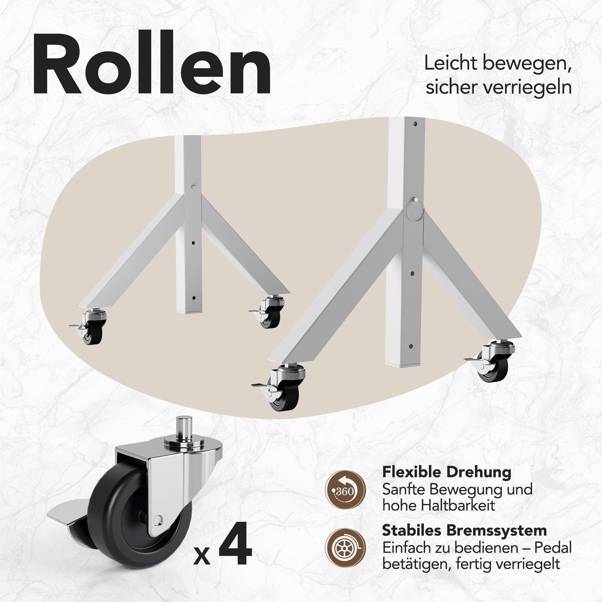 HUANUO Höhenverstellbarer Schreibtisch mit Rollen,6 Höheneinstellungen bis zu 118cm,mobiler Computertisch mit dreieckigen Beinen,sanfte Mobilität mit abschließbaren Rädern
