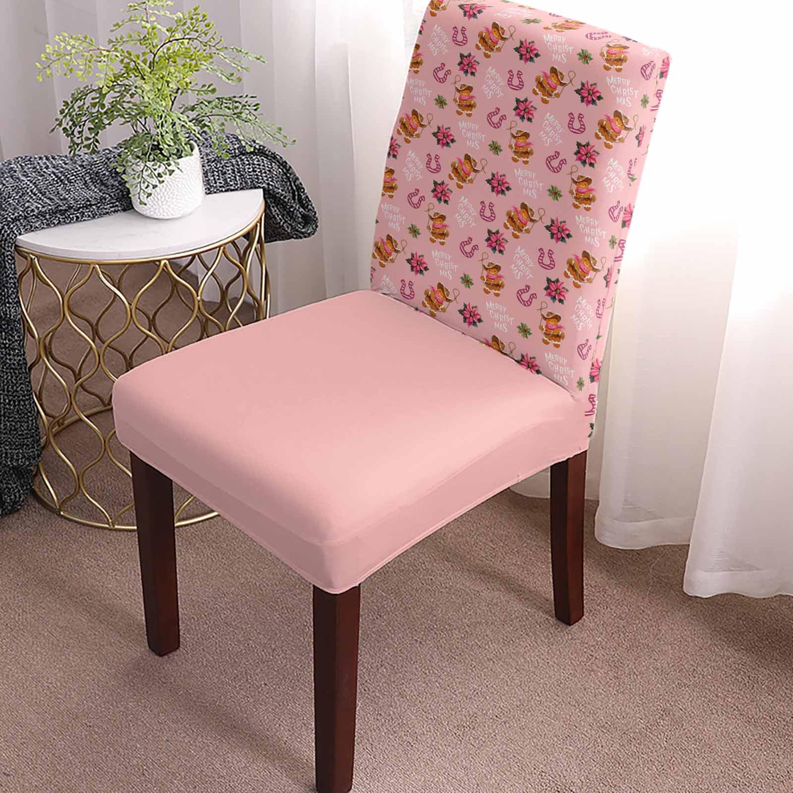 8 Pcs Dining Chair Covers Stretch Spandex Slipcovers Christmas Western Cowboy Cookie Man Removable Dining Room Seat Cover Cushion Protector for Home Hotel Banquet Decor Horseshoe Floral on Pink