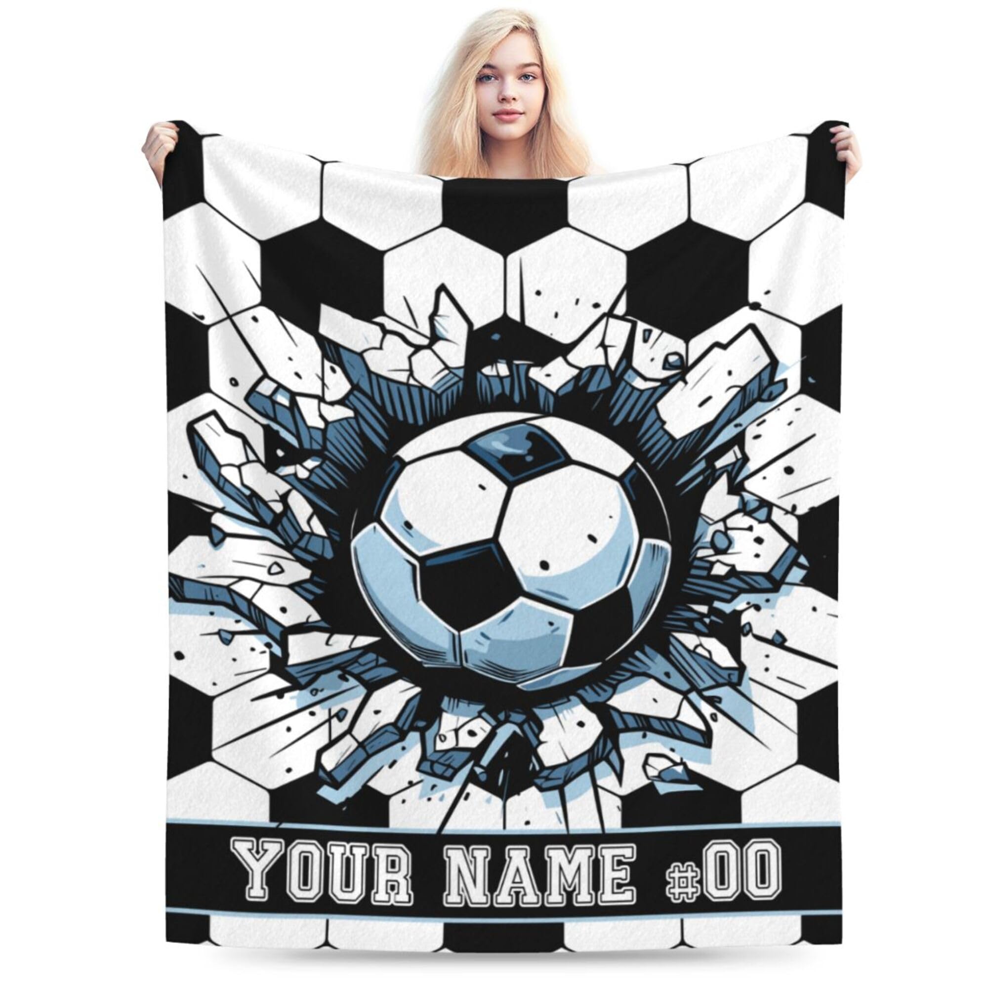 Homieblanket Custom Soccer Blanket with Name No. for Women Men, Personalized Cool Soccer Themed Design Printed Throw Blankets for Teens Adults Lap, Chair Sofa, Giftable Blanket, 50