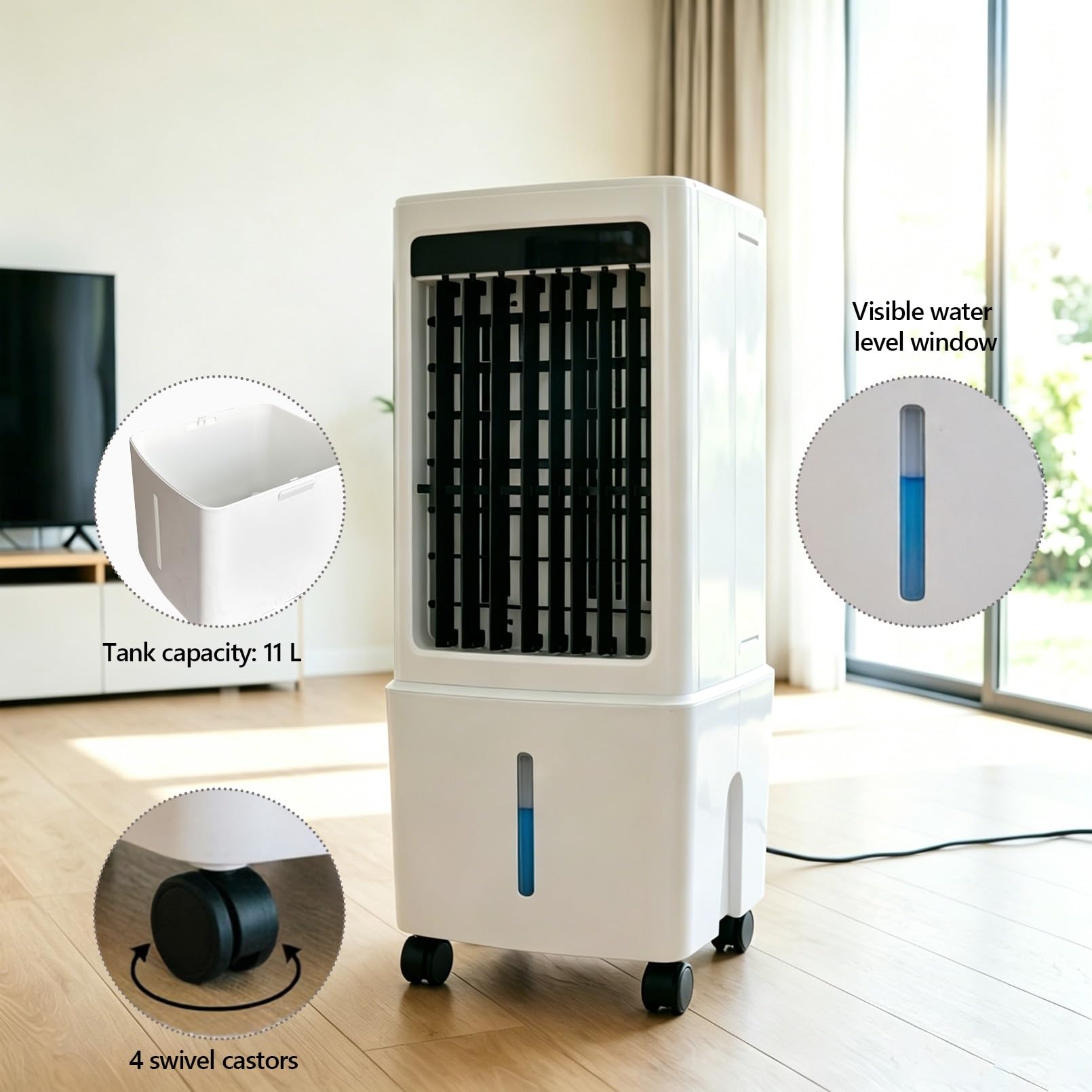 Condizionatore Evaporativo Portatile Senza Tubo 11 L, Raffreddatore d’Aria 3 velocità con telecomando, Ventilatore aria fredda con ghiaccio e umidificatore per domestico, ufficio, camera da letto