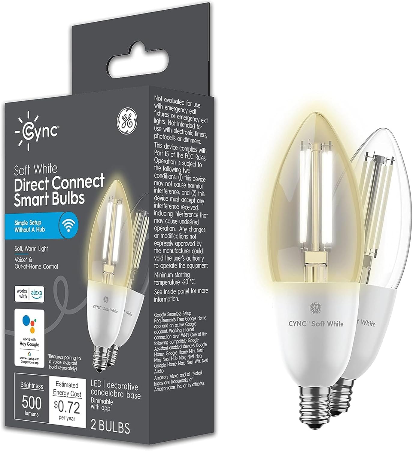 GE CYNC Smart LED Light Bulb, B11 Candle Light Bulb, Works with Amazon Alexa and Google Home, WiFi Light, 60W Equivalent, Soft White, Small Base (Pack of 2)