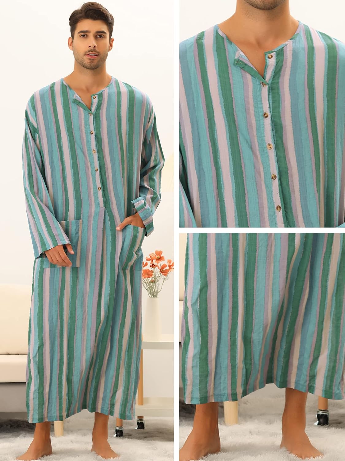 Lars Amadeus Striped Nightshirt for Men's Long Sleeves Button Down Nightgown Henley Shirts with Pockets