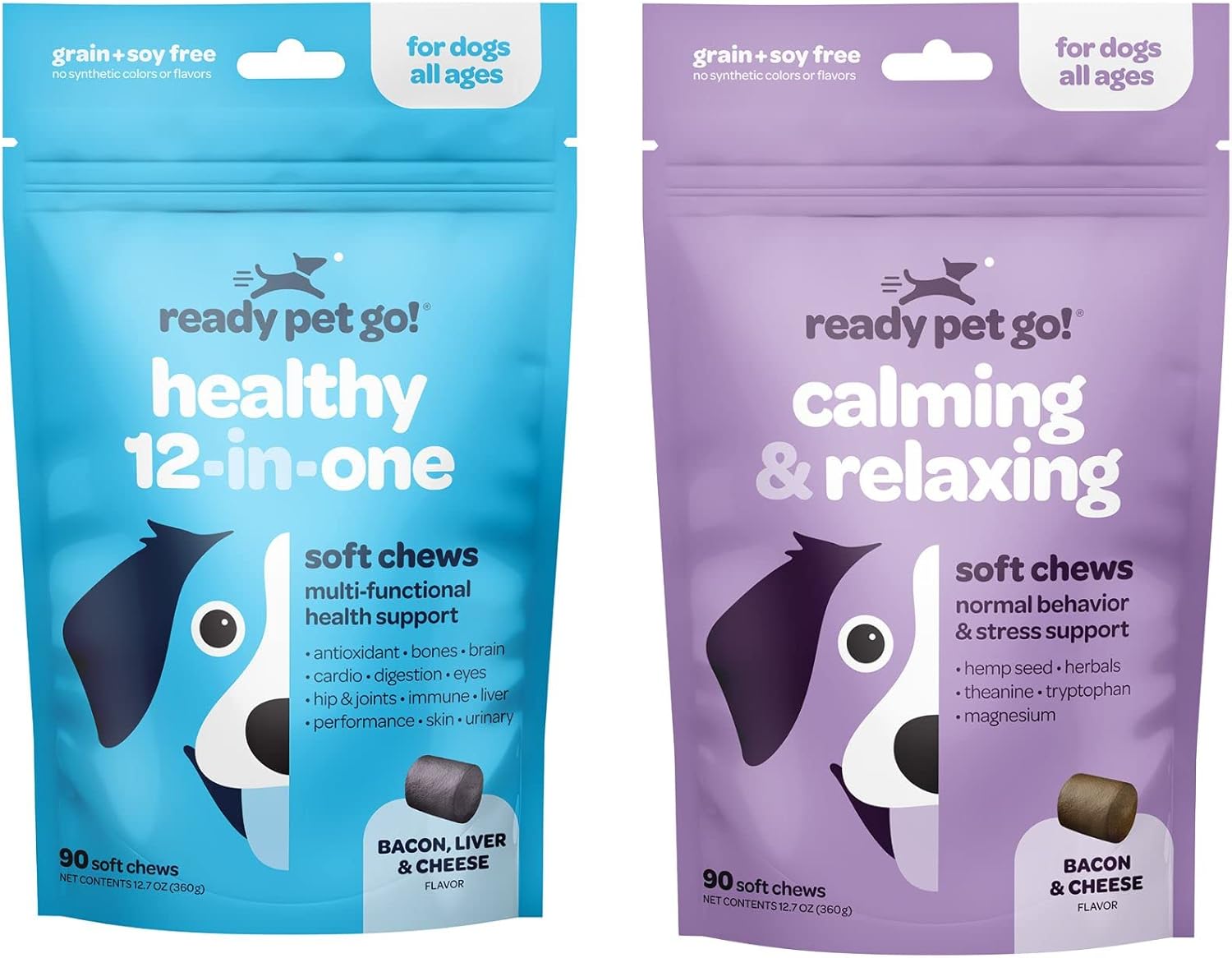 Ready Pet Go! Calming & Multivitamin Chews for Dogs | Vitamins for Skin, Coat, Hip & Joint Health | Helps with Dog Anxiety, Separation & Barking | 90 Chews Each