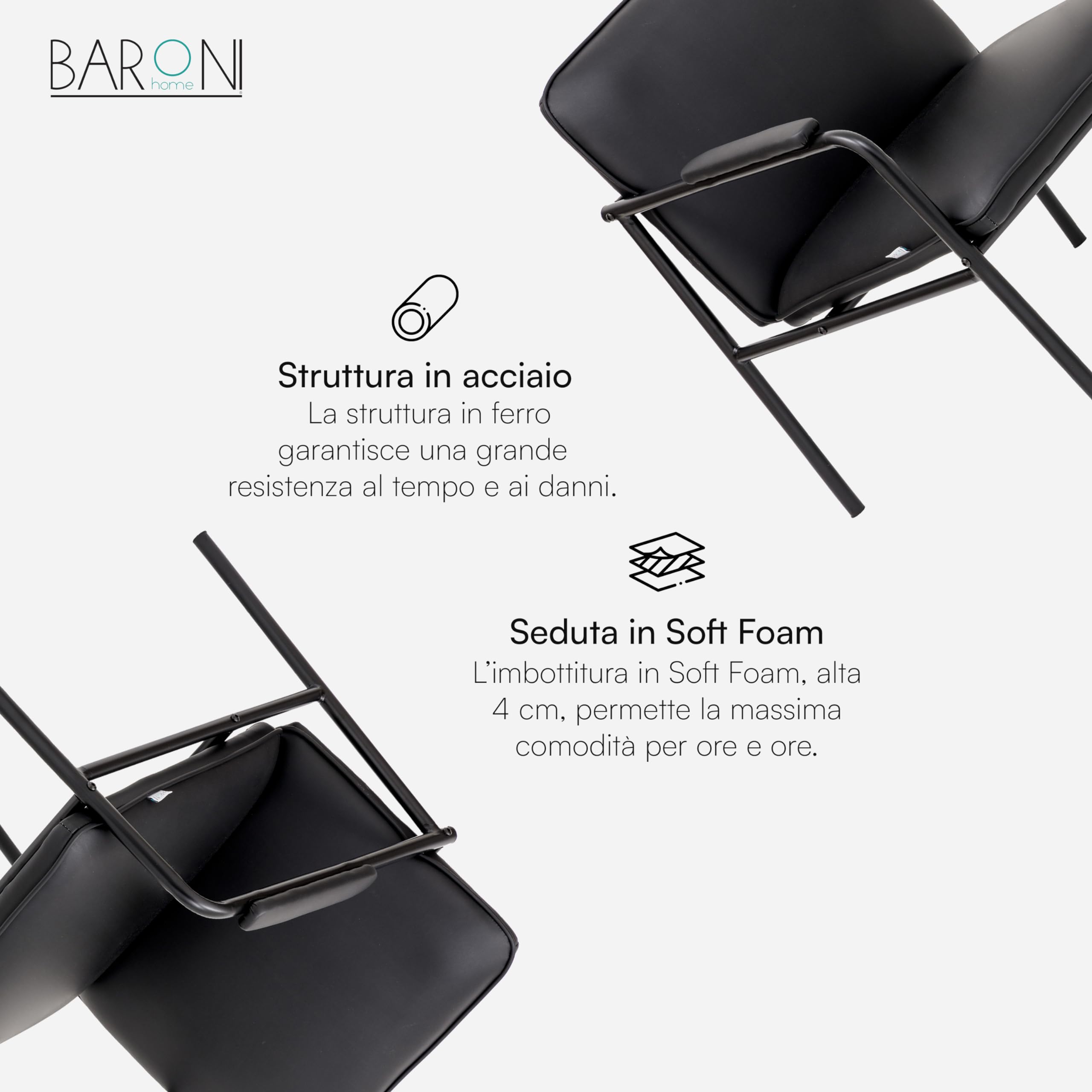 Baroni Home Poltrona in Ecopelle con Struttura in Ferro Design Moderno di Metà Secolo, Seduta Relax per Salotto, Camera da Letto, Ufficio, 78x59x64 cm, Nera