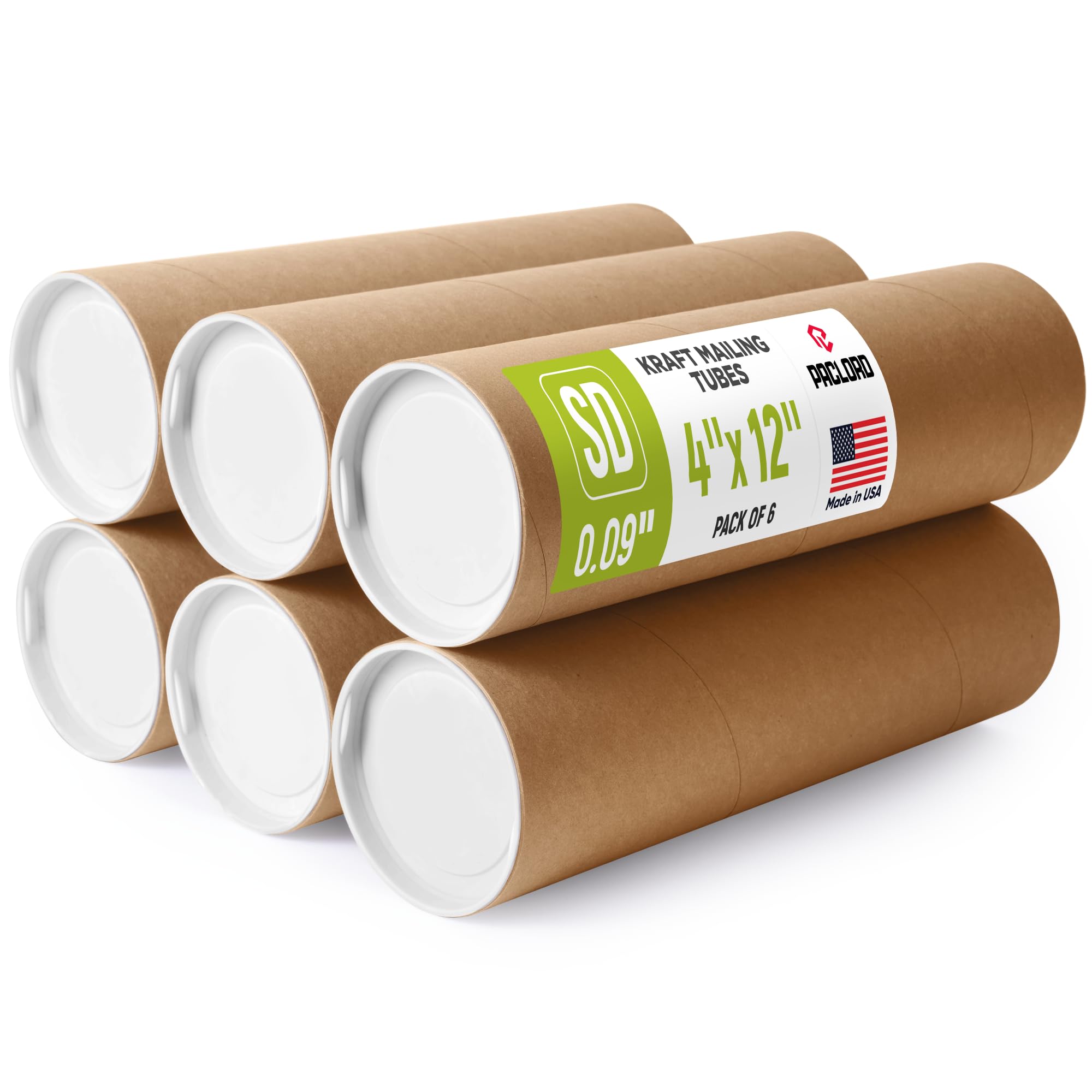 4" x 12" Reinforced Kraft Paper Mailing Tubes, Pack of 6 Tubes with 2 Caps Each – USPS Approved Poster Tube – Made in USA Cardboard Tube for Shipping and Storing Posters, Prints, Artwork, or Documents