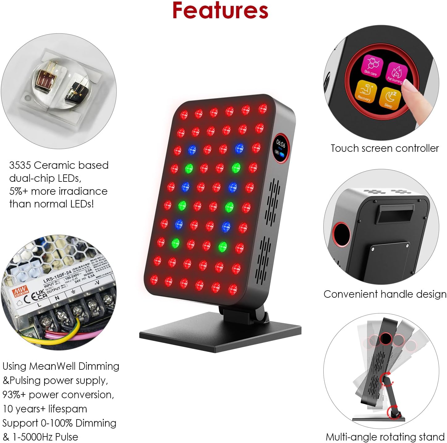 Red Light Therapy Panel 300W 60pcs Dual-Chip 4 Bands LED Light Therapy Red Infrared Blue Green 660nm 850nm 455nm 528nm, High Irradiance, Touch Screen Controller, Ideal for Body, Face, Skincare, Sleep