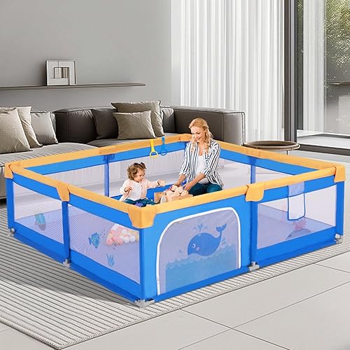 Arejonner Baby Playpen for Toddlers: 6.56x6.56 ft Kid-Safe Enclosed Play Yard | Non-Slip Base, Breathable Mesh - Easy-Portable for Indoor & Outdoor Baby Play Spaces - Blue