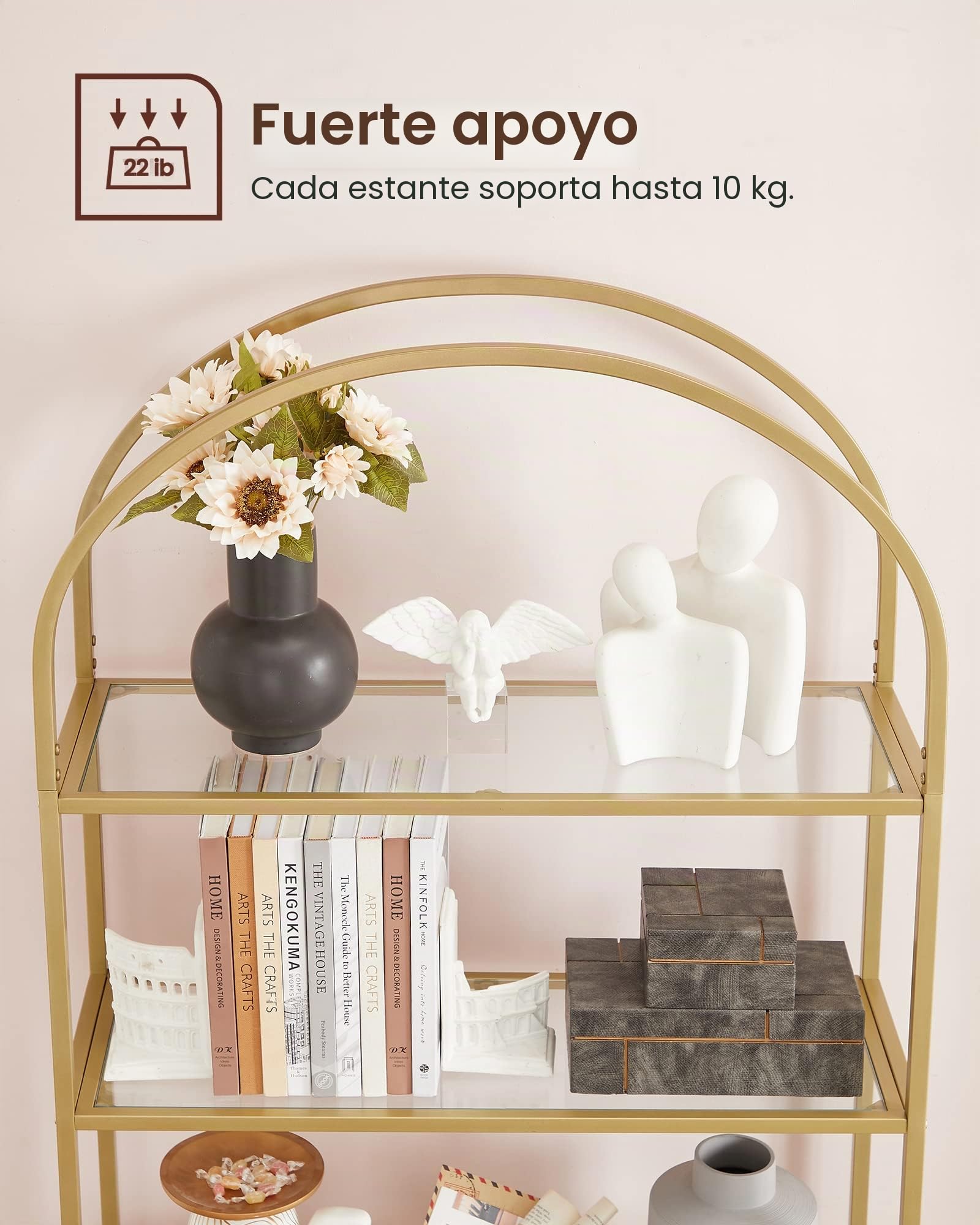 VASAGLE Estantería de 5 Niveles, Estantería de Vidrio Templado, Diseño Arqueado, Marco de Acero, para Salón, Dormitorio, Estudio, Baño, Dorado y Transparente LGT050A01
