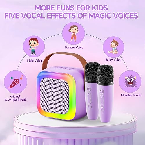 Miniatura 2 de Mini máquina de karaoke para niños, adolescentes y adultos, máquina de karaoke para niños con 2 micrófonos inalámbricos y luces LED, juguetes para