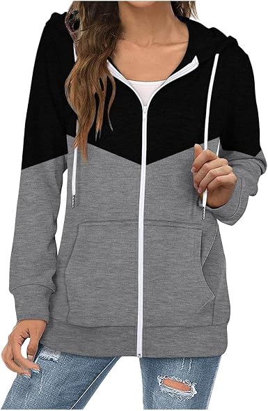 Amazon.com: Sudaderas con capucha para mujer, con cierre de cordón, talla  grande, bloque de color, empalme de manga larga, con bolsillo : Deportes y  Actividades al Aire Libre