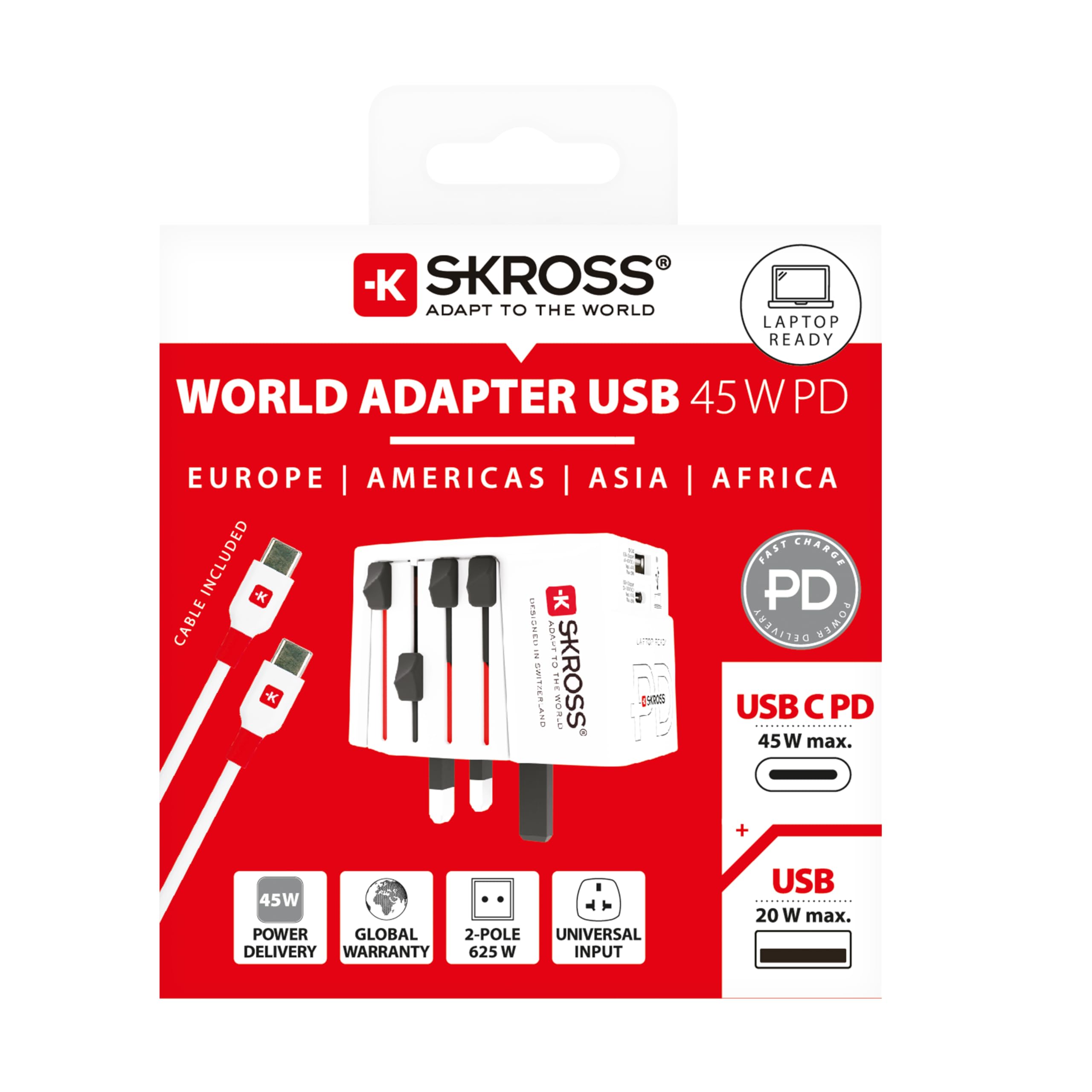 SKROSS -MUV USB AC45PD z kablem USB-C (160 cm) – 2-biegunowy uniwersalny adapter podróżny + 1 x USB C i 1 x USB 45 W – napięcie i moc: 100 V – 250 W/250 V – 625 W do laptopów, tabletów i smartfonów
