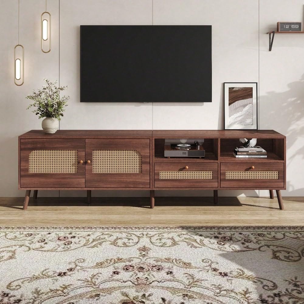Szafka pod telewizor 200 x 37 x 49,5 cm na maks. 80 cali – nowoczesna szafka z 2 drzwiami rattanowymi i 2 szufladami – brązowa szafka rozrywkowa z 8 nóżkami (meble konsoli multimedialnej)