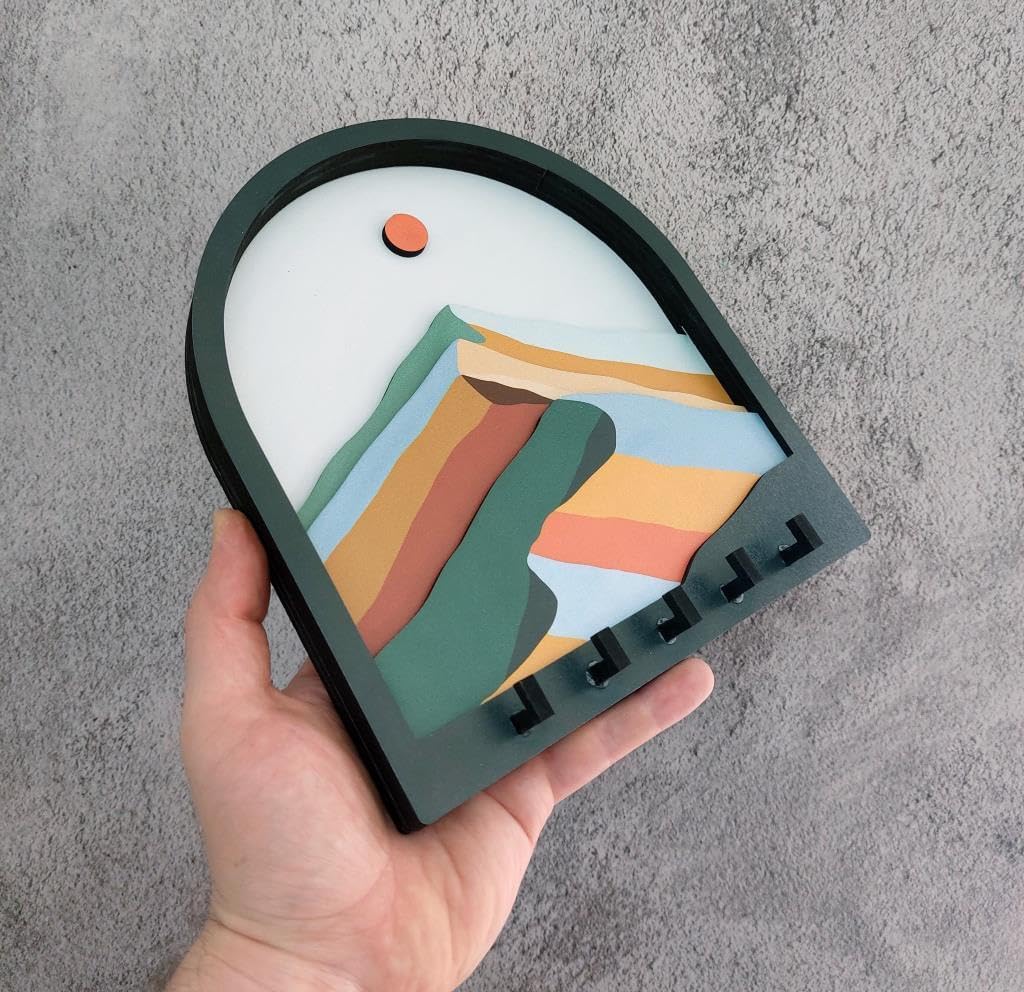 Abstract Mountain Key Holder, Layered Wood Wall Art, Dimensional Mountain Key Hanger, 3D Mountain View Key Rack, Modern Key Decoration, Wall Decor