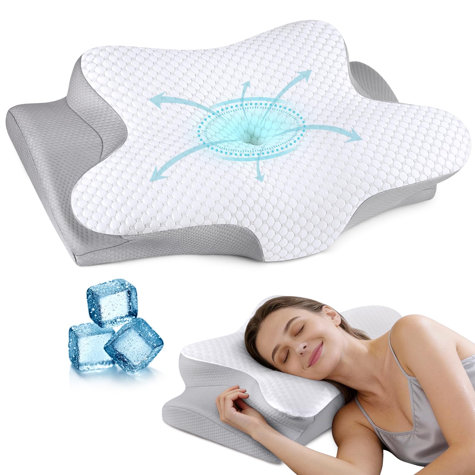 Cervical Neck Pillow for Pain Relief, Ergonomic Contour Pillow, Orthopedic Memory Foam Neck Support Pillow for Side, Back &amp; Stomach Sleepers (Off-White)