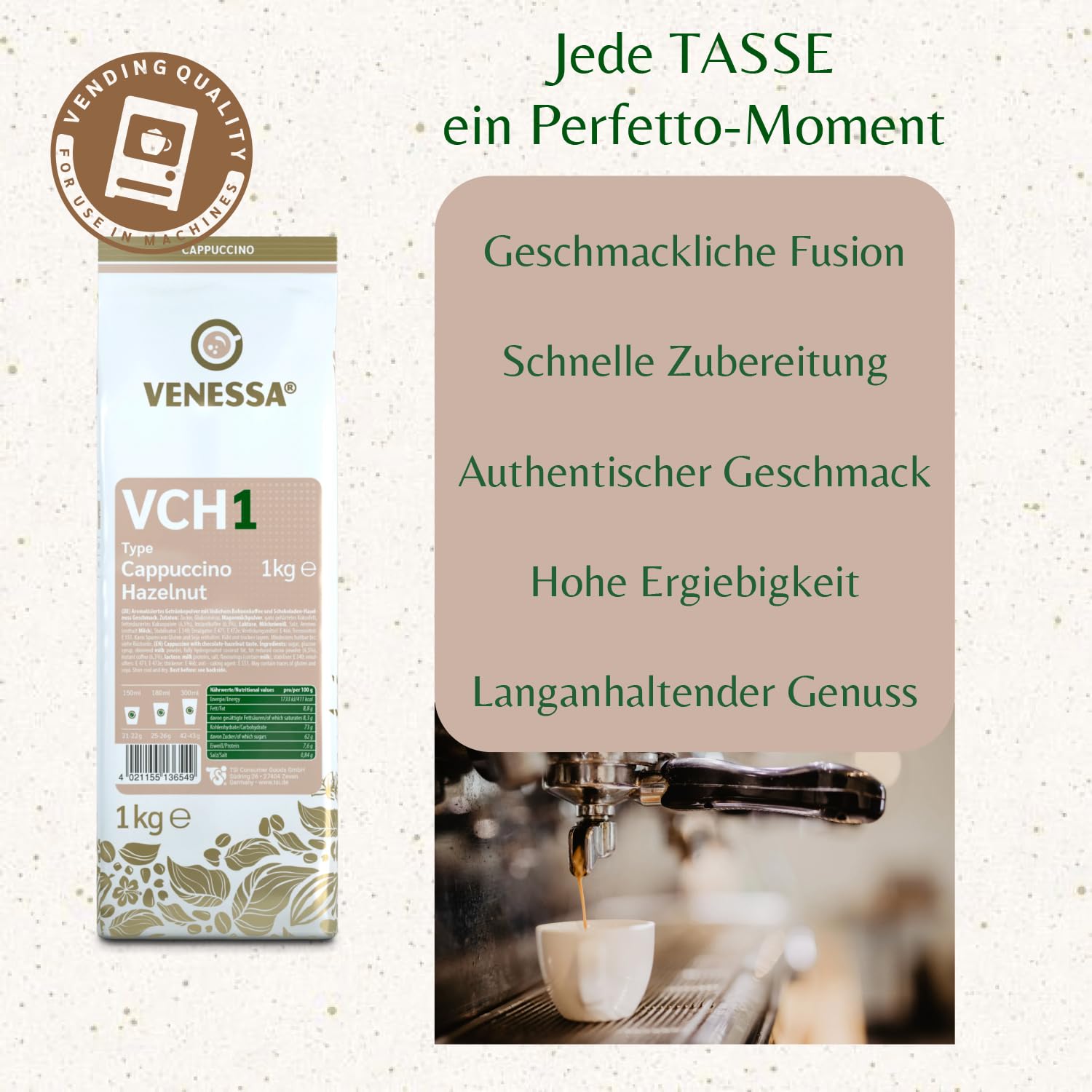VENESSA VCH1 Cappuccino orzech laskowy, 20 x 1 kg, pyszna, kremowa kawa rozpuszczalna dla klientów biznesowych, vending, firm, gastronomii, dużych firm