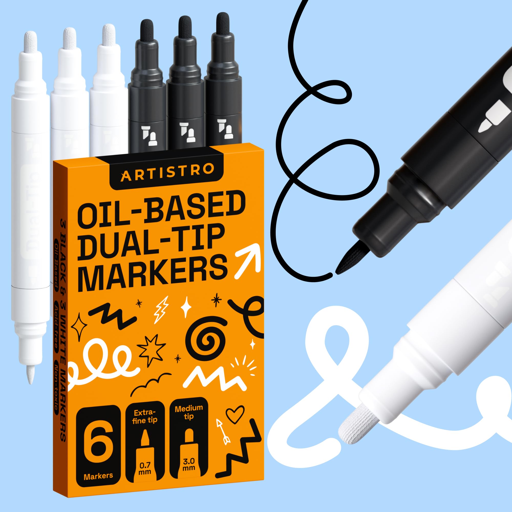 ARTISTRO 6 Black & White Permanent Markers, Metallic & Oil Based Paint Pens, Dual Tip (0.7mm+3mm), Waterproof for Rock Painting, Ceramic, Glass, Wood, Tire, Fabric & More