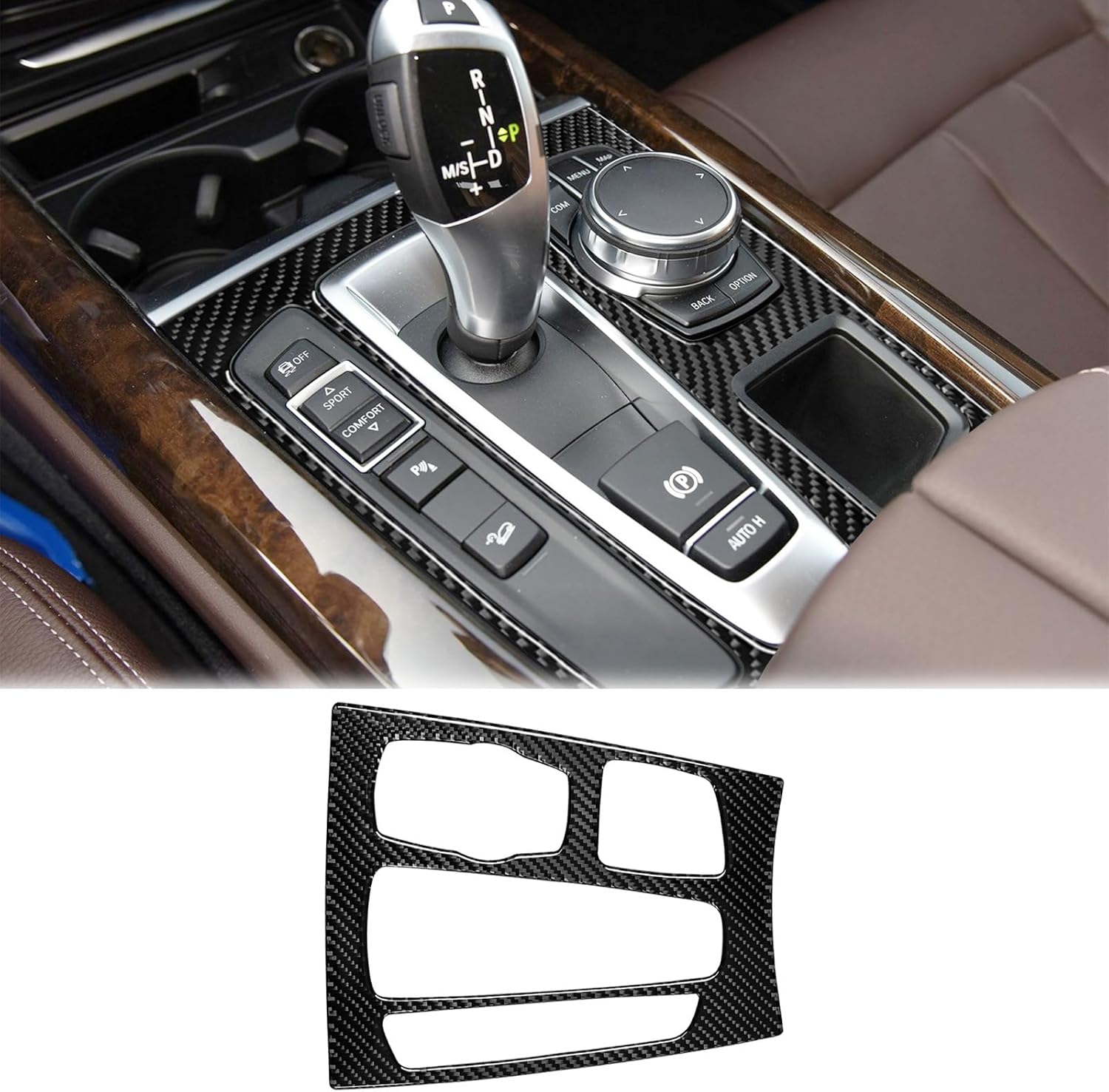 SUNJIKA Compatible with Carbon Fiber Center Consoles Gear Shifter Panel Cover Trim Interior Auto Car Accessories for BMW X5 F15 X5M F85 X6 F16 X6M F86 2014 2015 2016 2017 2018 2019 (1pc Black)