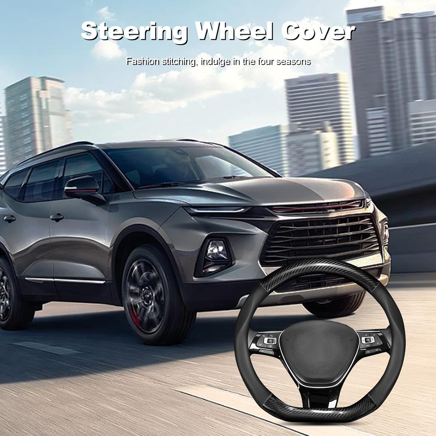 Ergocar D-Shape Carbon Fiber Steering Wheel Cover, Universal Standard-Size 36-39cm, Breathable Anti-Slip Leather, Soft Comfortable for Four Seasons