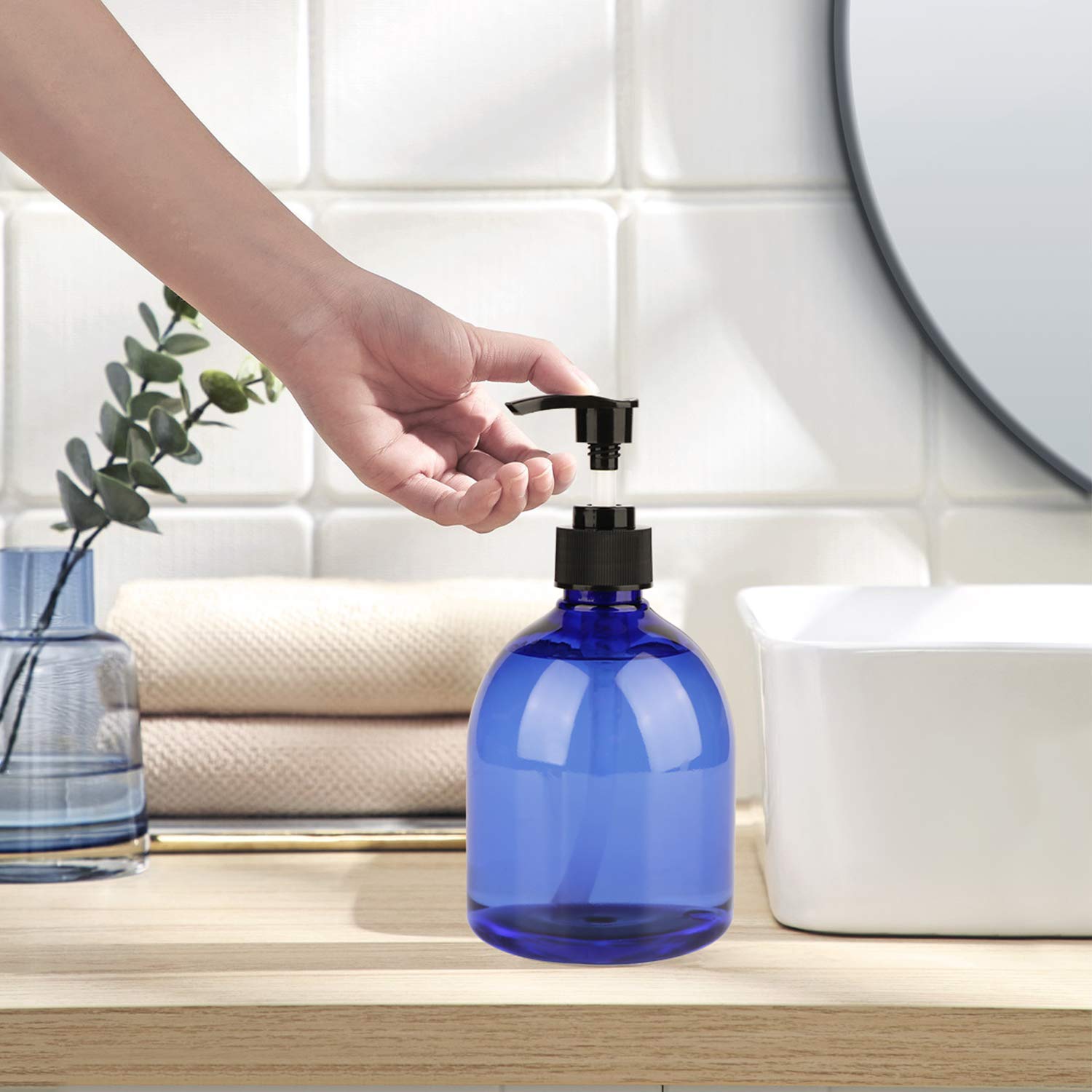 Soap Dispenser 16oz,Woaiwo-q Plastic Pump Bottle Empty Shampoo Dispenser Bottles for Cleaning Solutions,Hair,Oils,(7 Pack,Blue)…