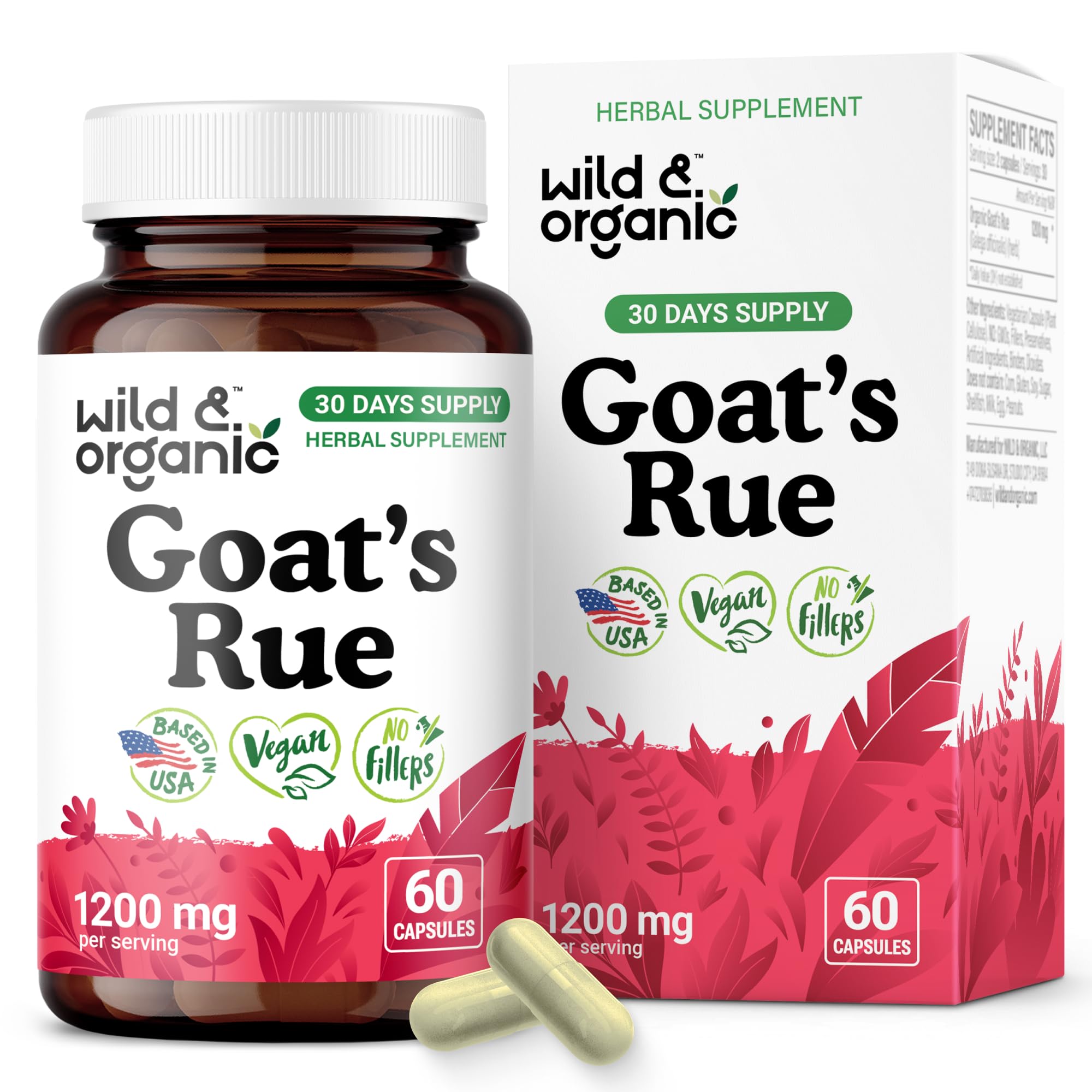 Wild & Organic Goats Rue Capsules 1200 mg - Lactation Supplement with Goat's Rue Herb - 60 Vegan Capsules for Breastfeeding Support - 30 Days Supply - No Fillers, Non-GMO