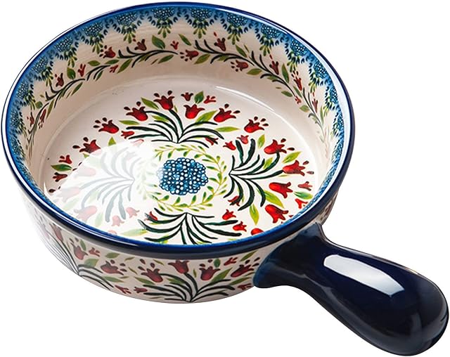 Qeeadeea Ceramic Soup Bowl With Handle 600ml, Small Baking Dish For Oven Round Ceramic, Stoneware Round Casserole Dish Small, Ceramic Lasagna Pan Deep-tulip