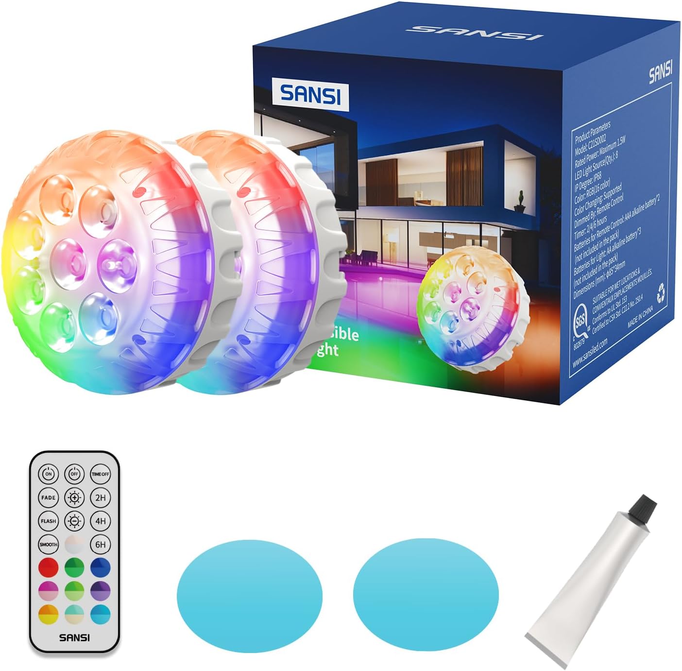 SANSI LED Submersible Lights Pro 2 Packs with Remote, 20 RGB Color Changing Pool Lights for Above Ground Pools, with Magnets & Suction Cups, Battery Operated for Indoor, Outdoor, Vase, Pond, Hot Tub
