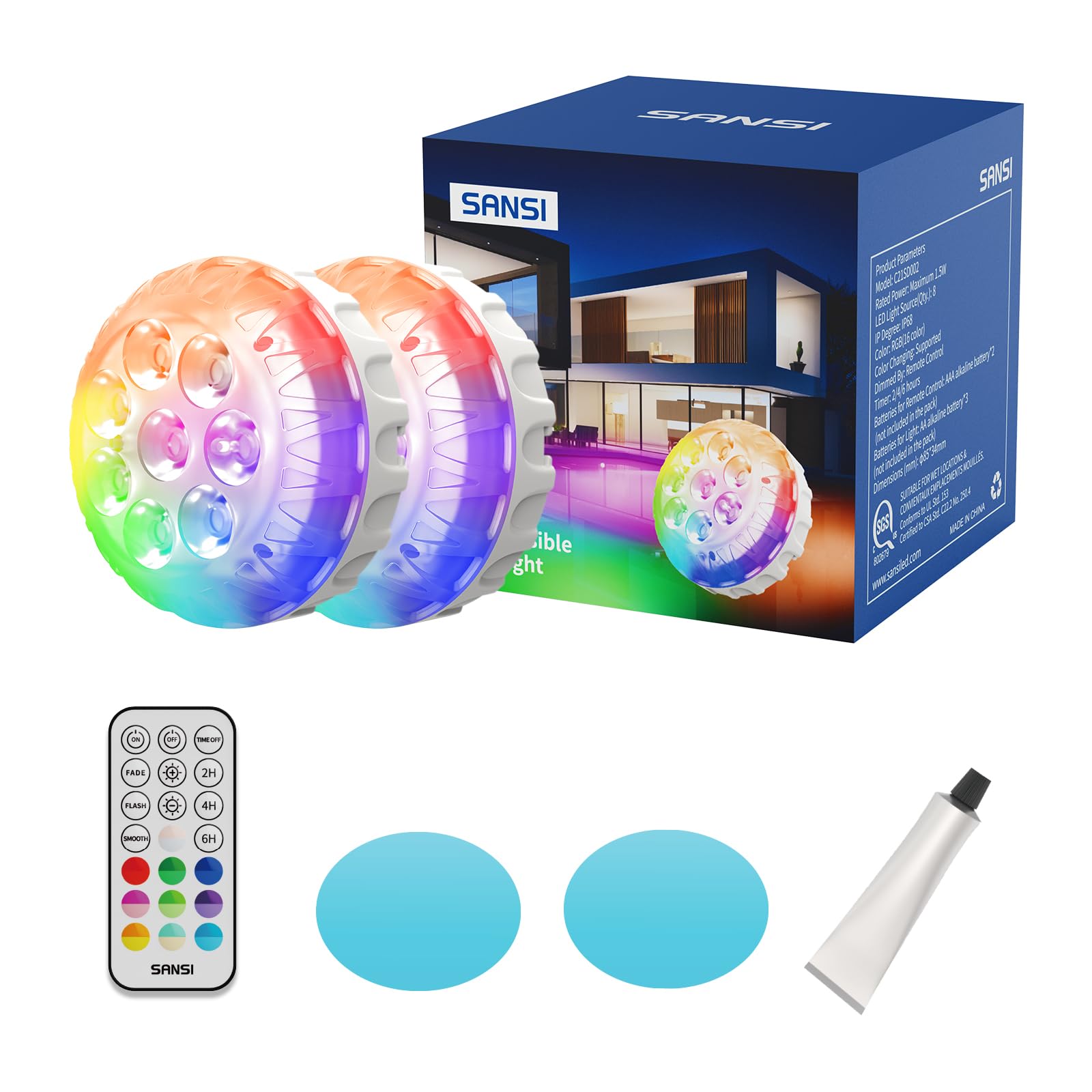 SANSI Luce Subacquea con Telecomando, Luci LED per Piscina con 20 Colori RGB, IP68 con Magneti e Ventose, Per Piscine, Acquario, Fontana, Idromassaggio, Decorazione per Feste, 2 Pezzi