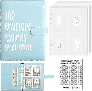 Carpeta de desafío de 100 sobres, forma fácil y divertida de ahorrar $5,050, carpeta de libro de presupuesto con sobres de efectivo para planificador de presupuesto y ahorro de dinero, color azul