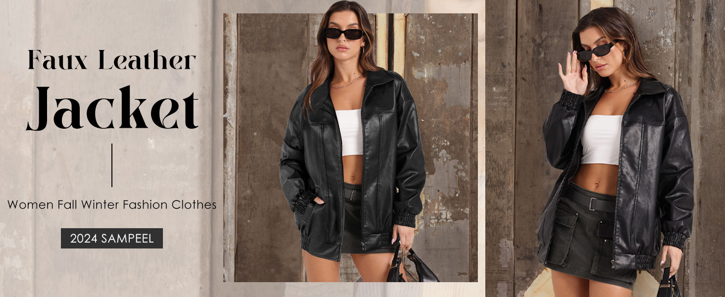 Sampeel Leather Jacket Women Faux Oversized Motorcycle Bomber 